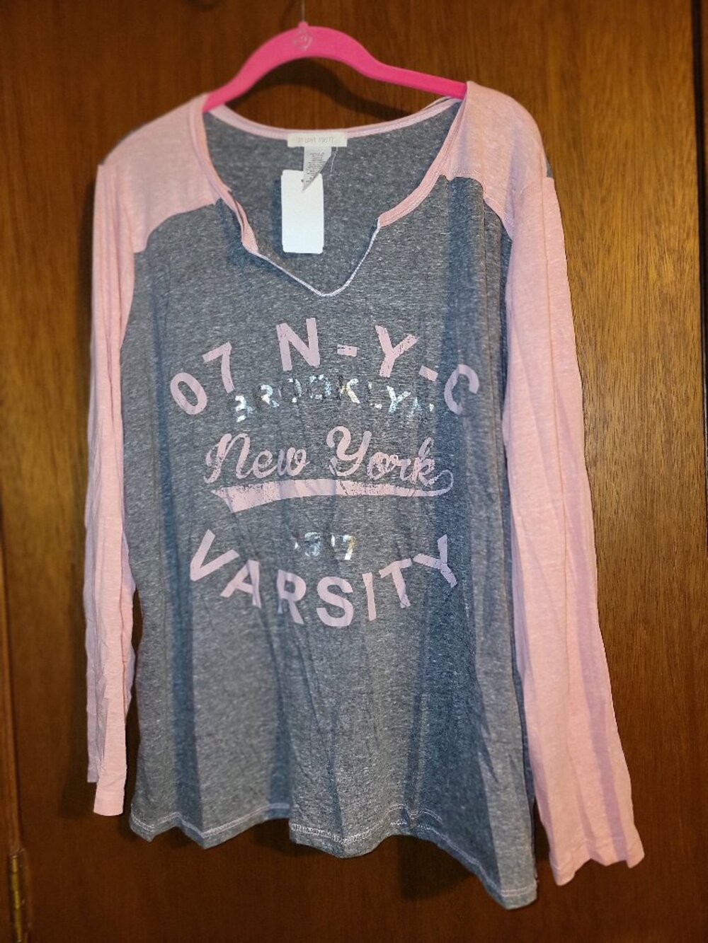 23 Love Street Pink Gray Brooklyn NYC Metallic Silver L/S Tee Baseball Raglan 3x